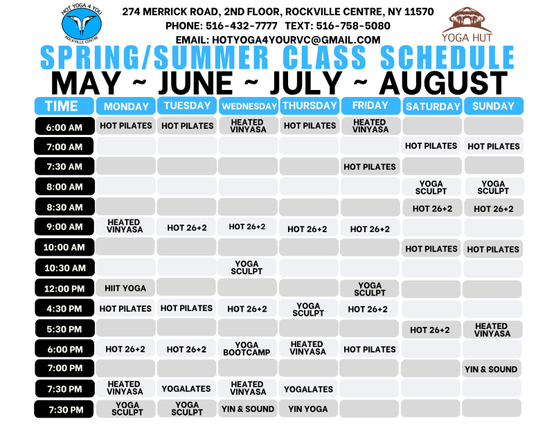 Hot Yoga 4 You RVC - Yoga Hut - Final Spring Summer Class Schedule 2025