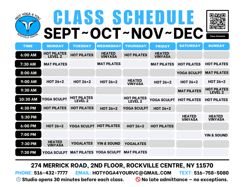 Hot Yoga 4 You RVC - Revised Class Schedule, Fall 2025